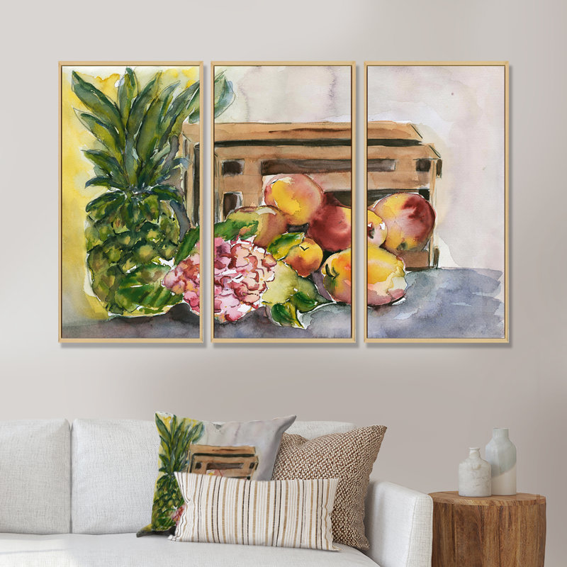 «Vintage Fruits V», peinture sur toile flottante 3 pièces, L 36 po x H 20 po, Cadre brun