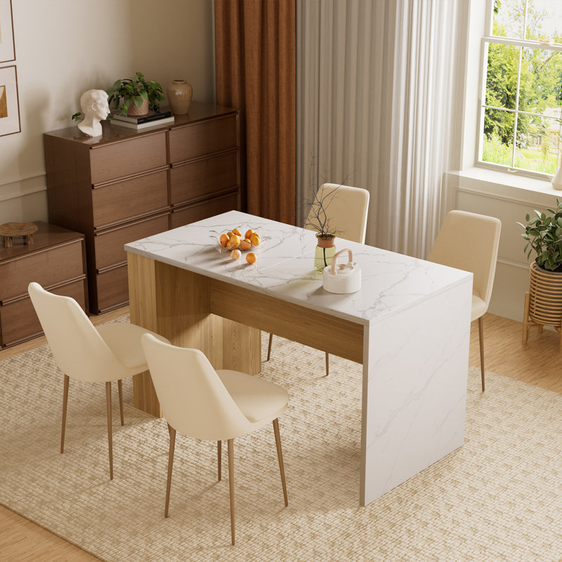 61" Kitchen Island With Imitation Marble Top, Rectangular Dining Table With Storage Shelves, Power Outlets & Adjustable LED Light for Modern Farmhouse & Open-Concept Kitchens