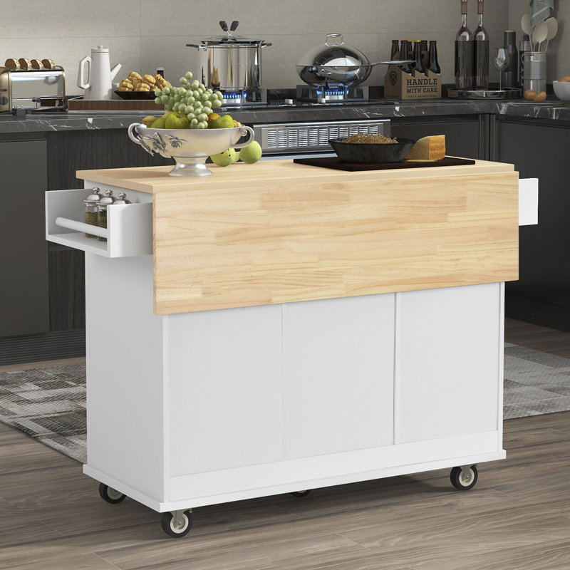Îlot de cuisine de 52,7 po de largeur avec plateau en bois massif, Blanc