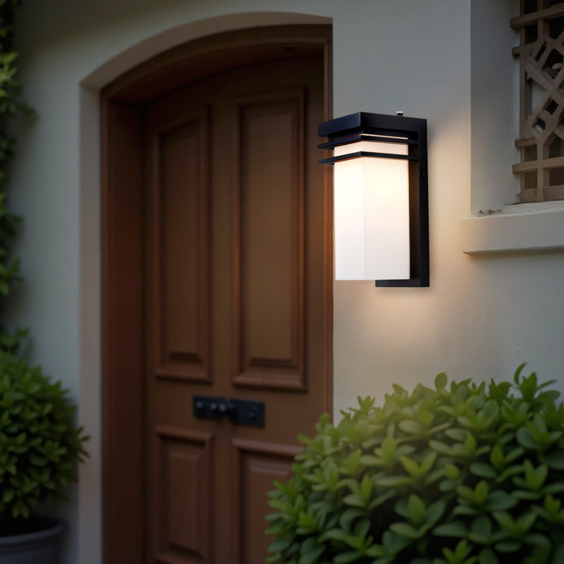 12 in. Dusk to Dawn Black Modern Outdoor Wall Sconce 1 Pack with Whithe Frosted Glass, E26 Socket, Black with Sensor, 1 Pack