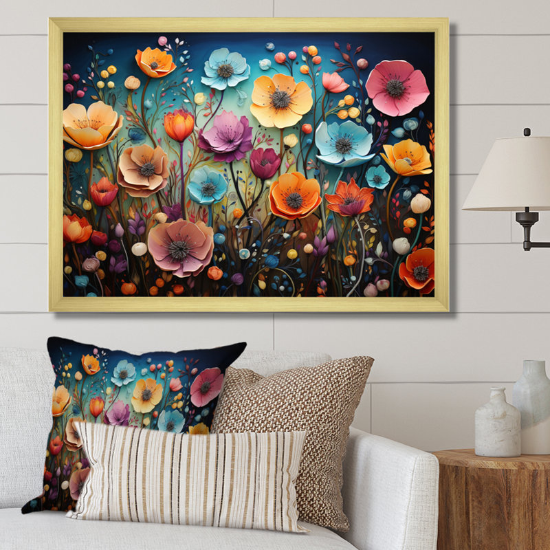 Fleurs colorées fantaisistes - Art mural fleurs sauvages, H 34 po x l 44 po x P 1,5 po, Cadre doré