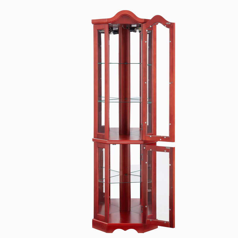Curio Cabinet Lighted Glass Display Curio Cabinet w/Tempered Glass Doors and Shelves, Crown Corner Cabinet with Bulb, Corner Storage Decoration for Living room and Bedroom Cherry