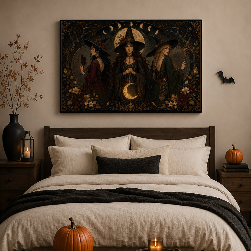 «Three Witches with Moon Phases» et art floral doré sur toile d'Halloween, H 28 po x l 40 po