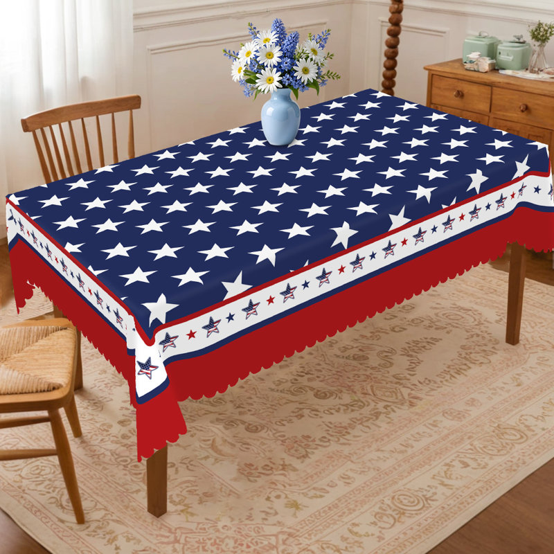 1pc Independence Day Dagostino - American Flag Star Design Patriotic Red White Blue Decor, Polyester Round/Rectangular Table Cover For 4th Of July Parties, BBQ, Picnic, Indoor & Outdoor Home Independence Day Decorations, Edge Embossing Table Cover