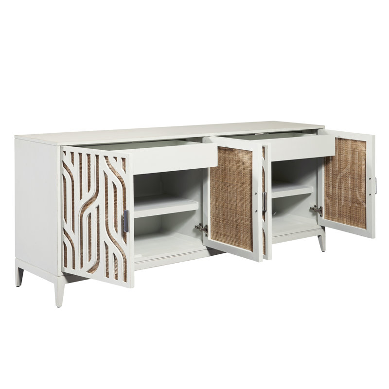 White Painted Solid Wood 4-Door Credenza with Cane Panels