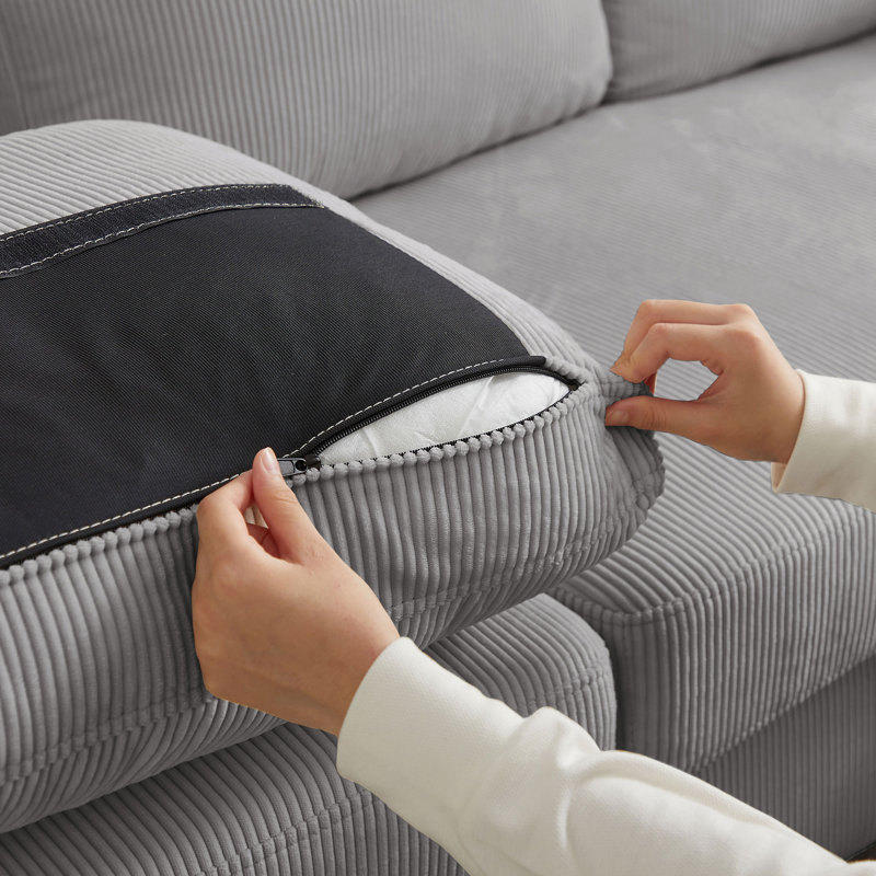 Canapé en U 100,79 po avec 2 repose-pieds en velours côtelé, Velours côtelé gris clair