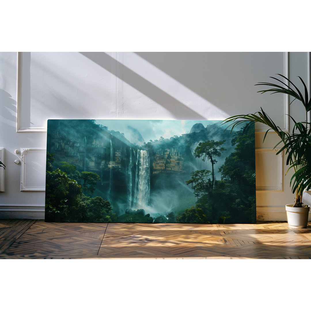 Gerahmtes Bild auf Leinwand 120x60cm Wasserfall Regenwald Natur Berge Klippen