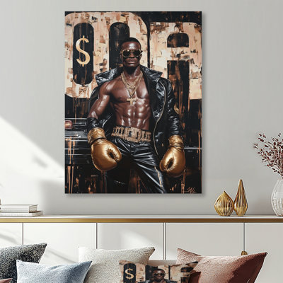 Boxer mâle foncé avec gants dorés - salon d'art mural «Boss Man»