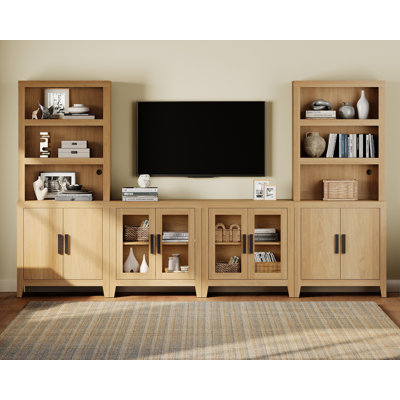 Meuble audio-vidéo avec bibliothèque, meuble télé 4 pièces avec tours de rangement, console média de ferme avec portes en verre pour le salon, la chambre à coucher, chêne