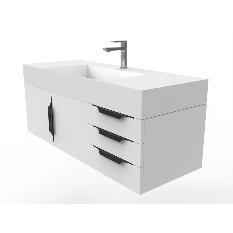 Meuble-lavabo mural simple 48 po avec comptoir à surface solide - base blanche, plateau blanc, poignées noires, Blanc, Blanc