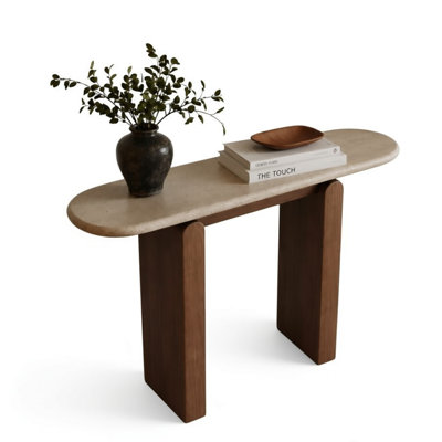 39.37"Light Beige Natural Travertine Top Solid Wood Console Table