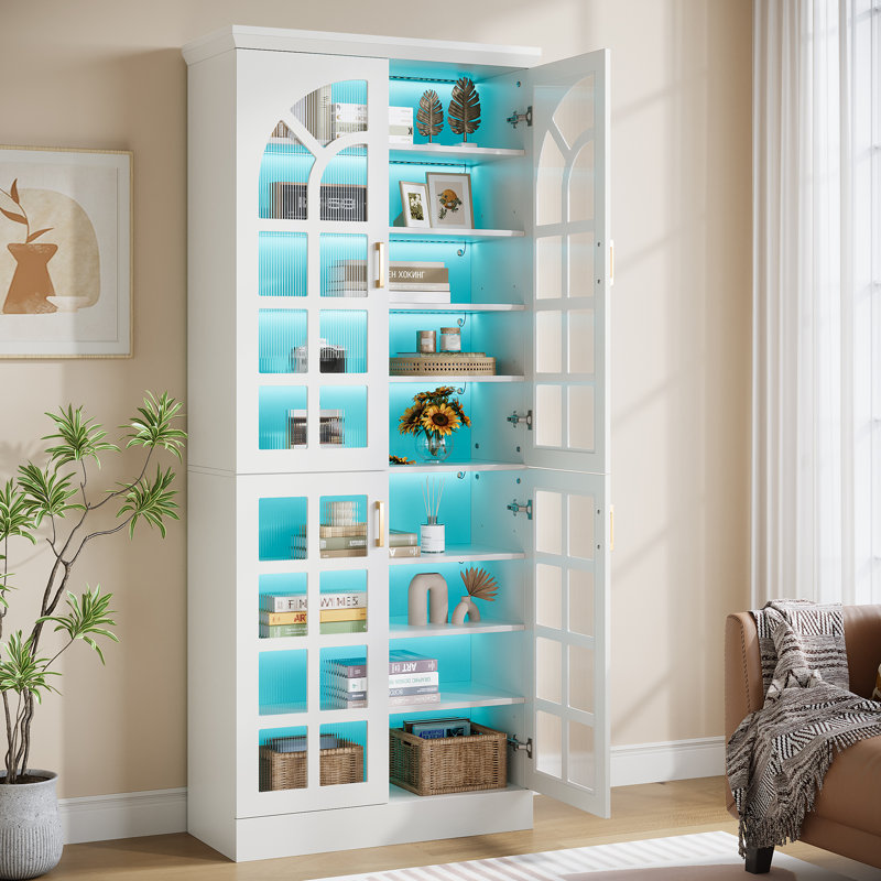 Storage Cabinet with Adjustable Shelves and LED Lights (White), White