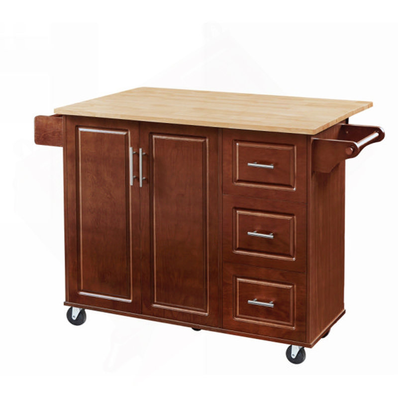 Culinary Rolling Kitchen Island with Rubberwood Countertop & Ample Storage, Brown