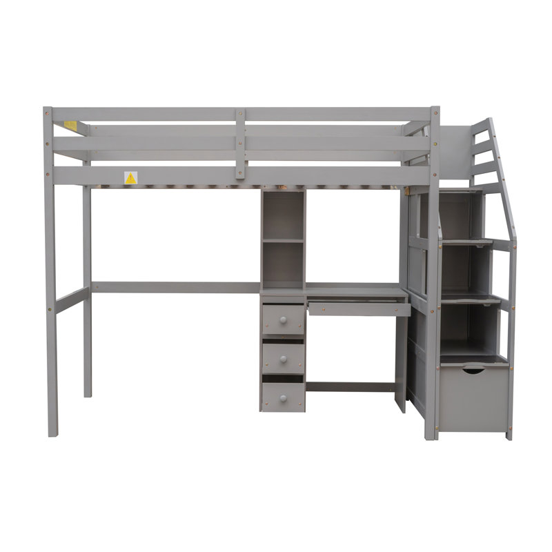 Lit simple superposé convertible avec escalier de rangement et bureau, tiroirs et tablettes, Gris