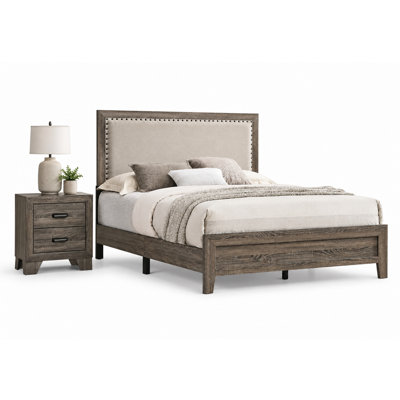 Ensemble de chambre pour très grand lit, gris, ivoire, bois brun, ensemble 2 pièces avec table de chevet