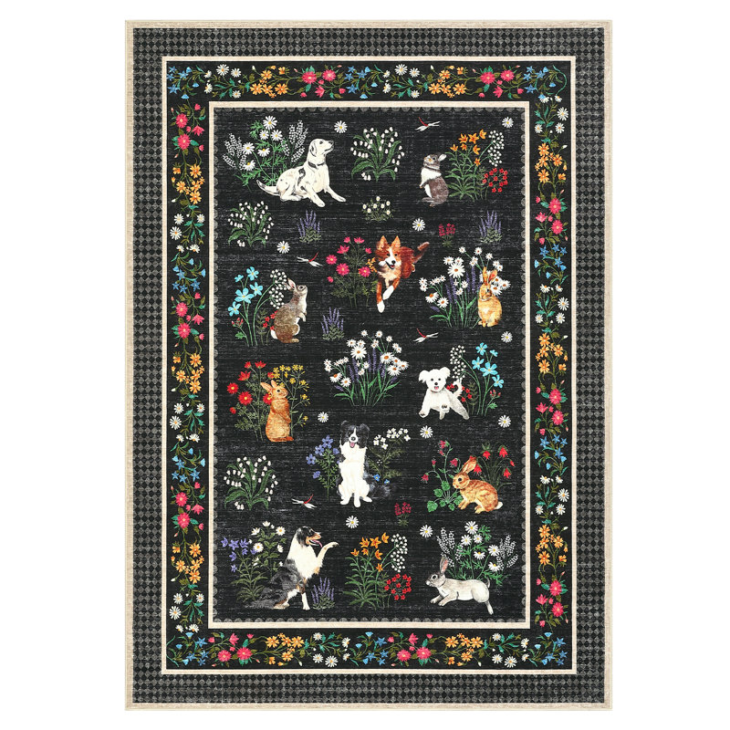 Cute Animal Machine Washable Rug, Non-Slip Low-Pile Area Rug with Rubber Backing for Living Room Bedroom Nursery, Black