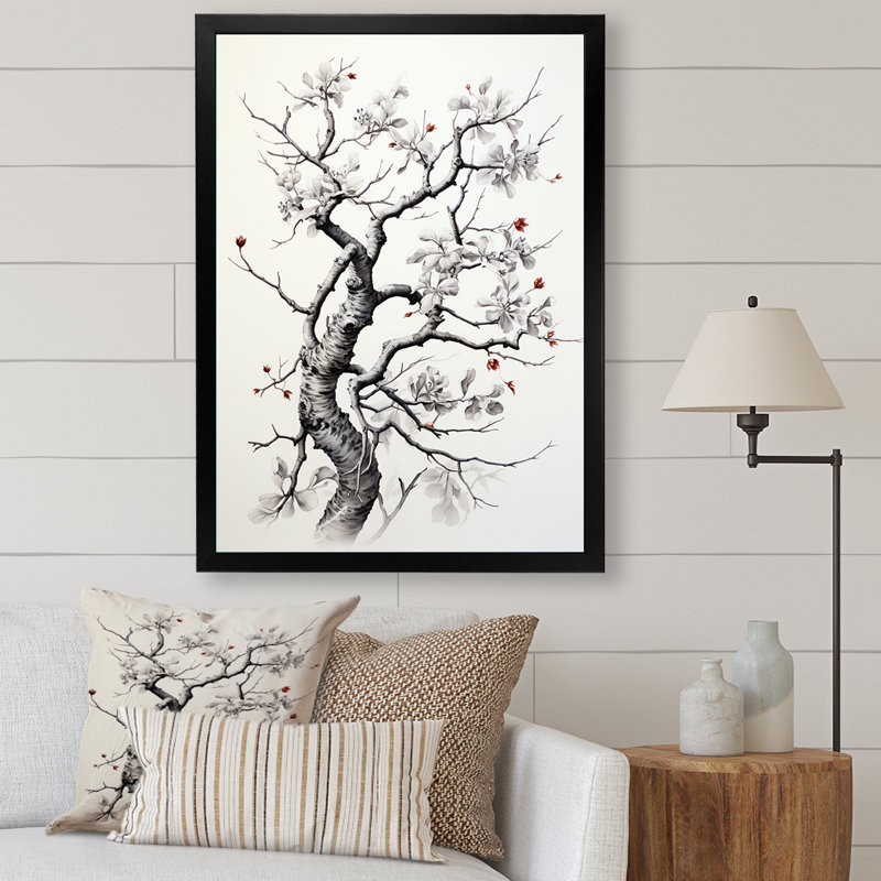 «Grey White Tree Graphite Whispers II - Landscape Trees», art mural sur toile, Cadre photo noir, L 12 po x H 20 po