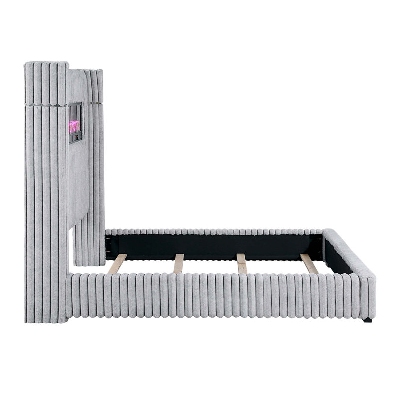 Lit de luxe avec tête de lit à oreilles, foyer encastré et haut-parleur, revêtement en velours côtelé pour une élégance moderne (matelas non inclus)