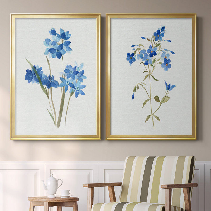 «Blue Blossom Botanical I», ensemble de 2 peintures sur toiles, H 26,5 po x l 73 po x P 1,5 po, Toile avec cadre or