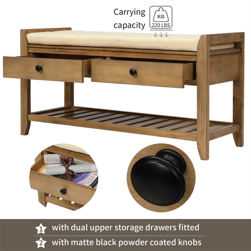 4 Pair Shoe Storage Bench with Removable Cushion, Brown Wood