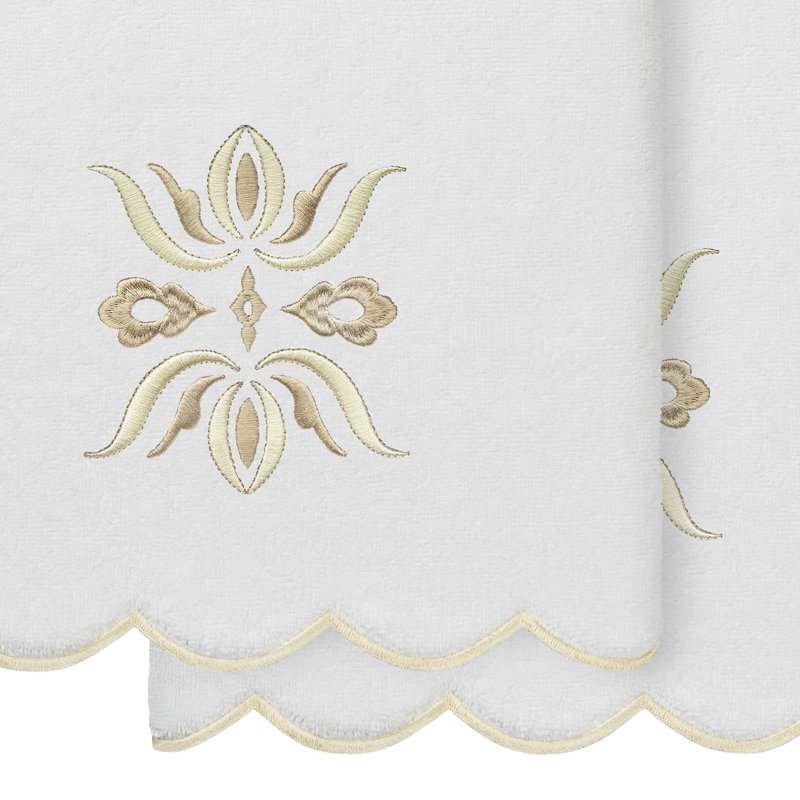  100% Turkish Cotton FLOWER CREST Scallop 2PC Embellished Bath Towel Set, White/Beige, Bath Towels - 2 Pack