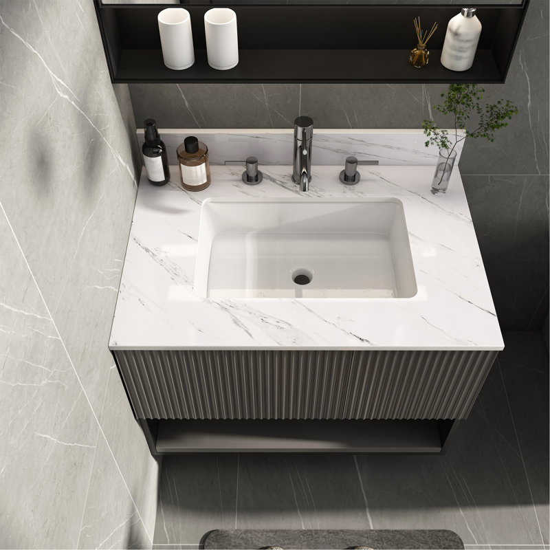 Comptoir de meuble-lavabo en marbre 31 po, comptoir blanc avec trous de robinet pré-percés, comptoir de salle de bain avec lavabo central rectangulaire encastré et dosseret de 4 po de hauteur