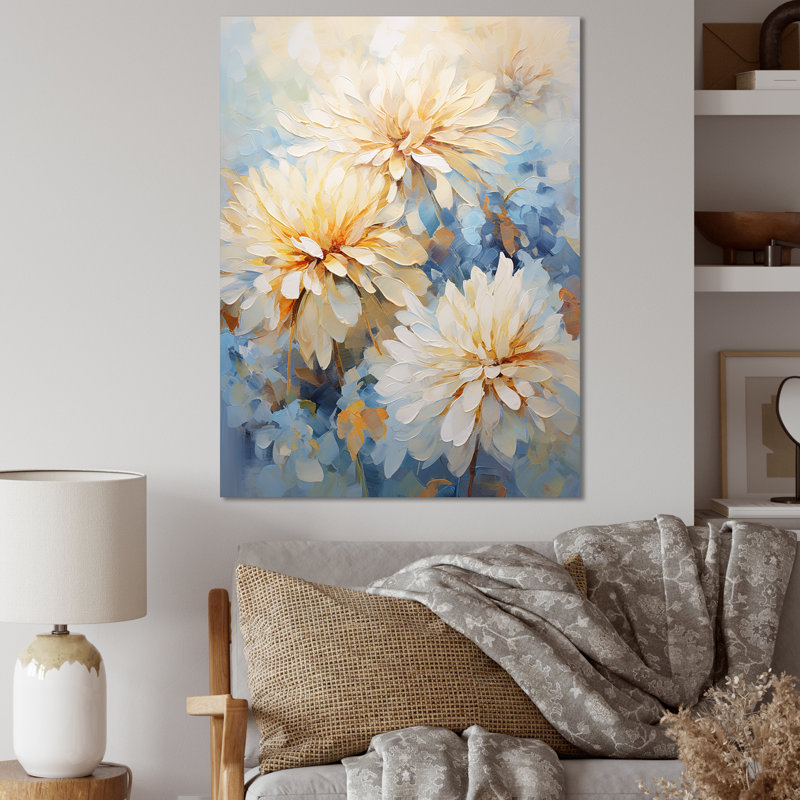 «Simplicity Mums Bloom» en beige et bleu estompé sur toile, H 44 po x l 34 po x P 1,5 po, Toile tendue