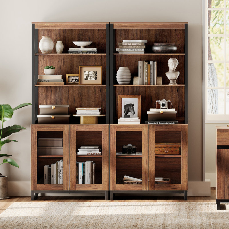 2 bibliothèques modernes de 72 po de hauteur avec portes en verre et tablettes réglables, bibliothèque avec armoire de rangement et tablettes ouvertes, bibliothèques en bois pour le bureau personnel, le salon, brun