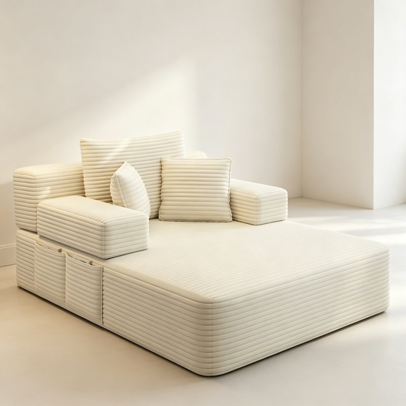 Chaise longue en velours côtelé luxueux avec 3 coussins, canapé-lit convertible et poche de rangement, Corduroy+Beige