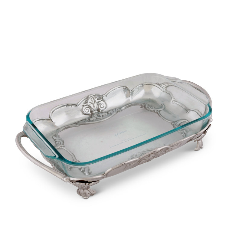 Arthur Court 17" Silver Aluminum Pyrex Holder with Fleur-De-Lis Design
