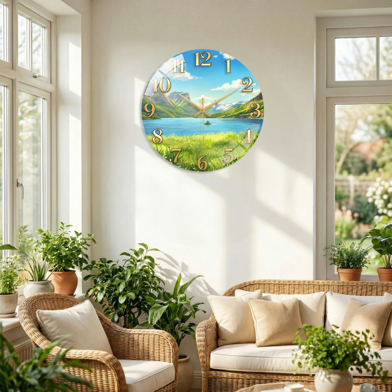 "Mountain Lake", horloge murale en verre, 60 x 60 cm (23,6 x 23,6 pouces)