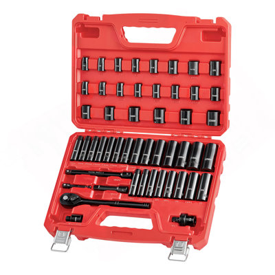 3/8 In Drive Impact Socket Set, 50 Piece, 6 Point Deep & Shallow Impact Sockets, SAE (5/16 In To 3/4 In) And Metric (8 To 22 Mm) Sizes With 3 In & 6 In Extension Bars, Cr-V Steel, Carrying Case