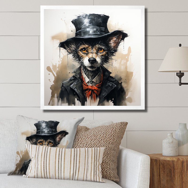 «Trenchcoat» noir loup mystère II - loup, art mural, Cadre flottant blanc, H 16 po x l 16 po x P 1 po