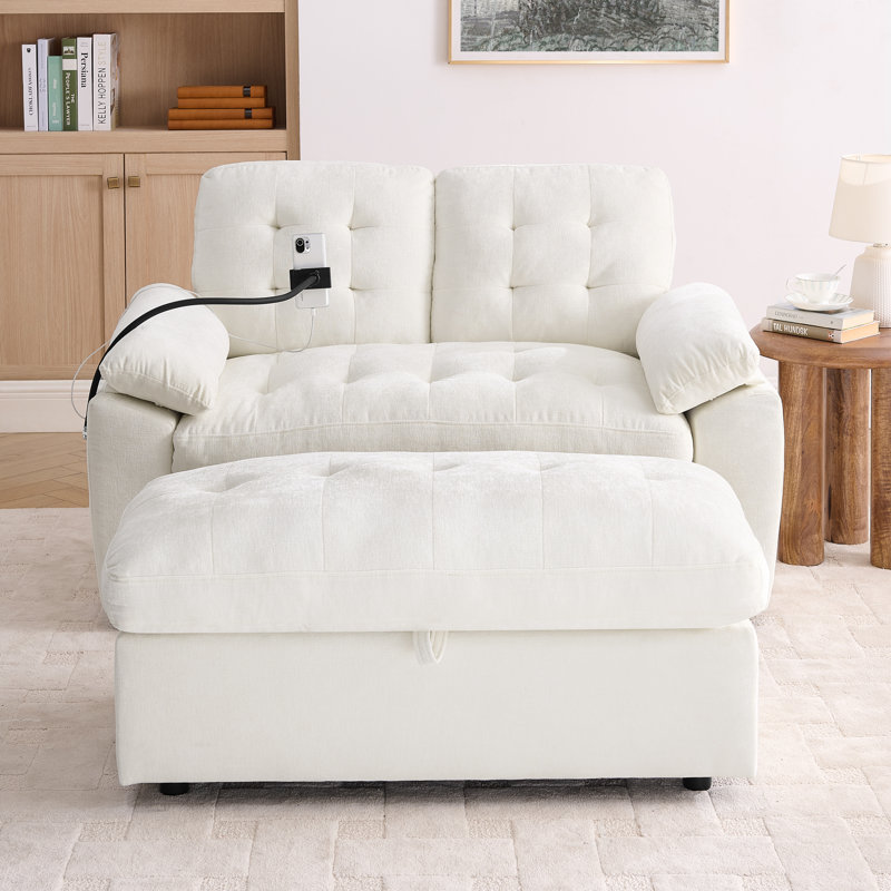 Chaise longue en chenille rembourrée avec dossier réglable, port USB, support pour téléphone et repose-pieds, Beige