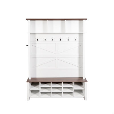 4-In-1 Hall Tree With 6 Hooks, Practical Walnut Entryway Bench With Adjustable Shelves,  Wooden Style Rustic Shoe Organizer With 16 Open Compartments