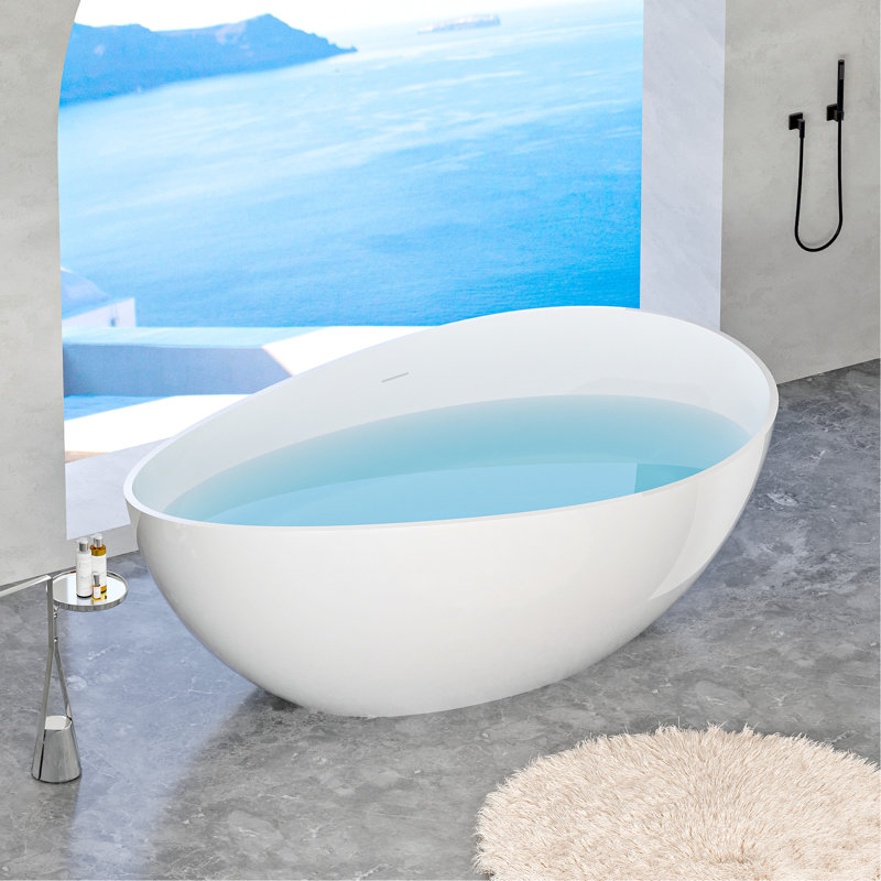 Baignoire de luxe autoportante blanche brillante en résine de 63 po avec design ergonomique et baignoire facile d'entretien, blanc, surface non poreuse à réparer