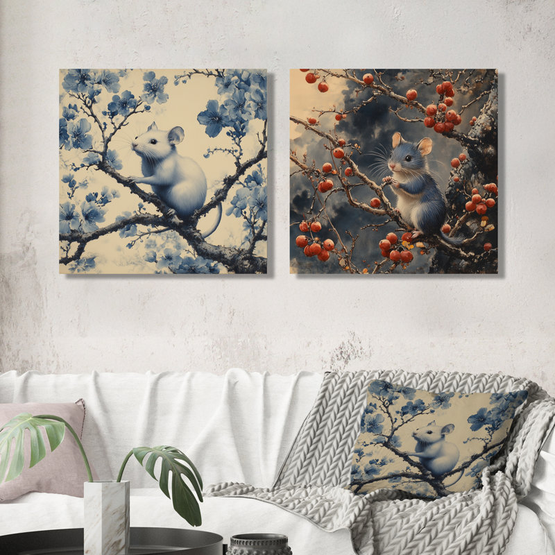 «Chinoiserie Blue Mouse on Tree III» - art mural souris - ensemble de 2 décorations murales modernes, Toile tendue