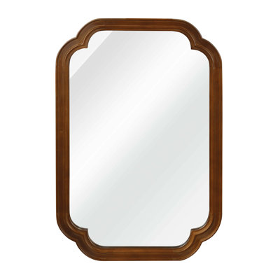 Walnut Color Solid Wood Frame Rounded Corner Decorative Mirror, For Bedroom, Bathroom, Living Room, Entryway