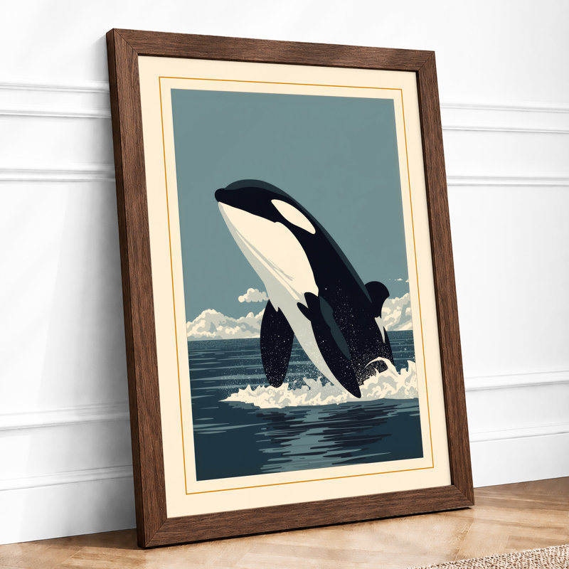 Breaching Orca Japandi - Framed Print, A4 - 29.7 x 21.0 cm, Walnut