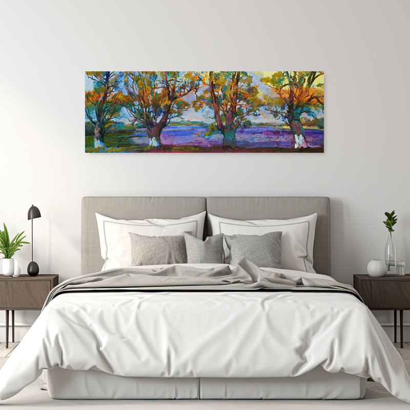 «Vibrant Autumn Trees», art contemporain mural, paysage abstrait, H 60 po x l 20 po