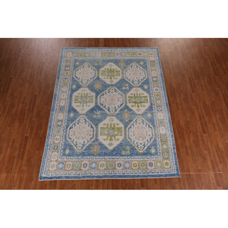 Tapis bleu géométrique en laine à teinture Oushak 8 x 11