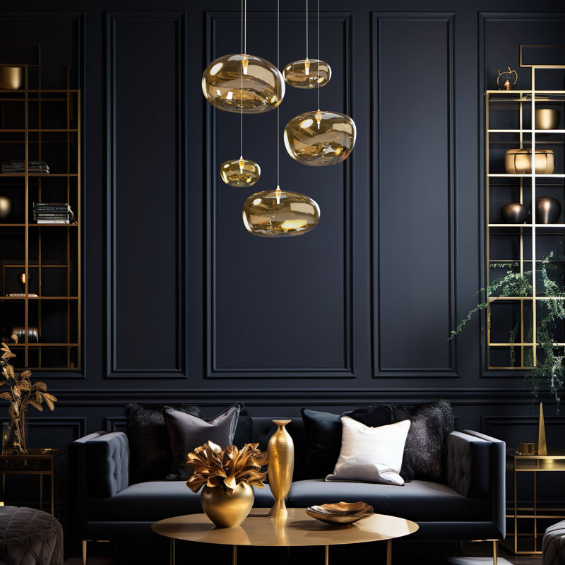 Kloud mix of 5 Pendant Lights, Amber, Brass, 80"