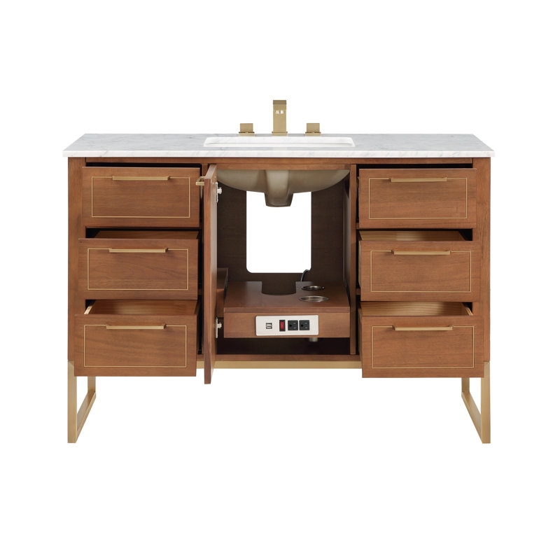 Markham 48'' W Single Vanity, Satin Brass, Carara Marble, Walnut