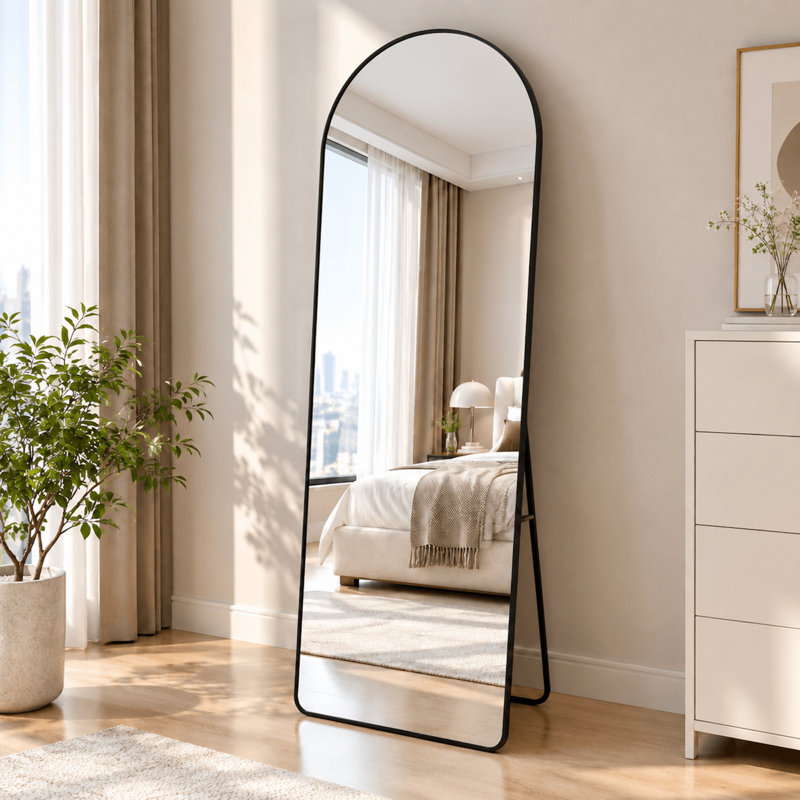 Miroir sur pied ou mural moderne en acier thermolaqué, forme arquée, pleine longueur, Arche