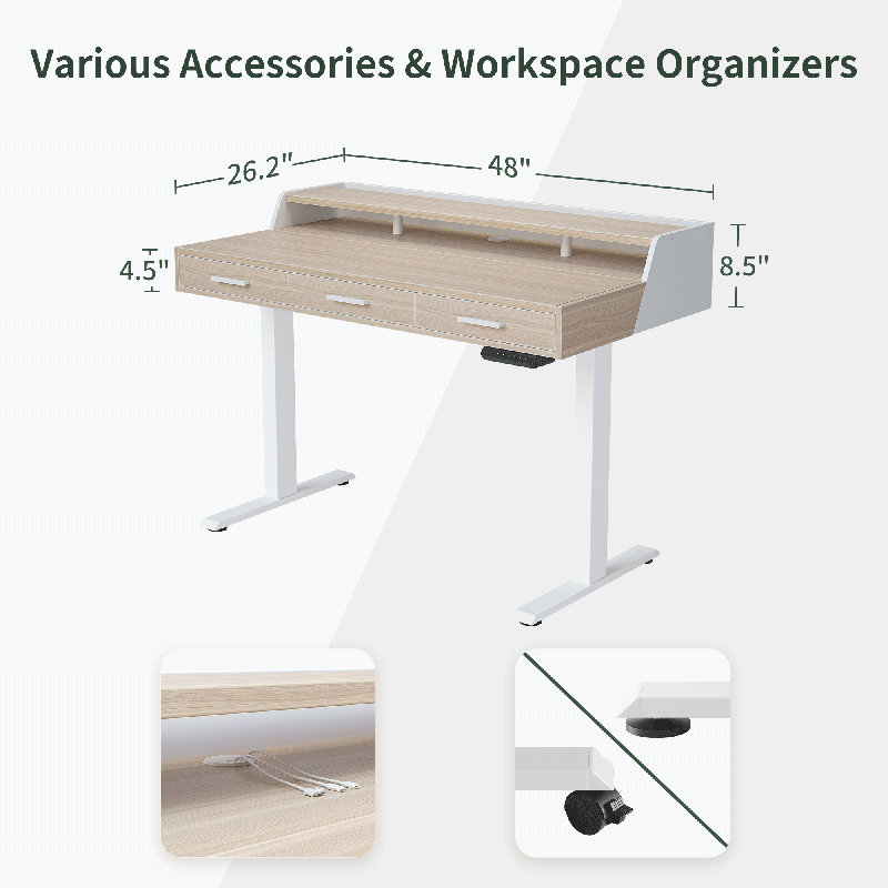 Bureau debout électrique 48 "avec tiroirs, Ivoire/blanc, L 48 po x P 26 po