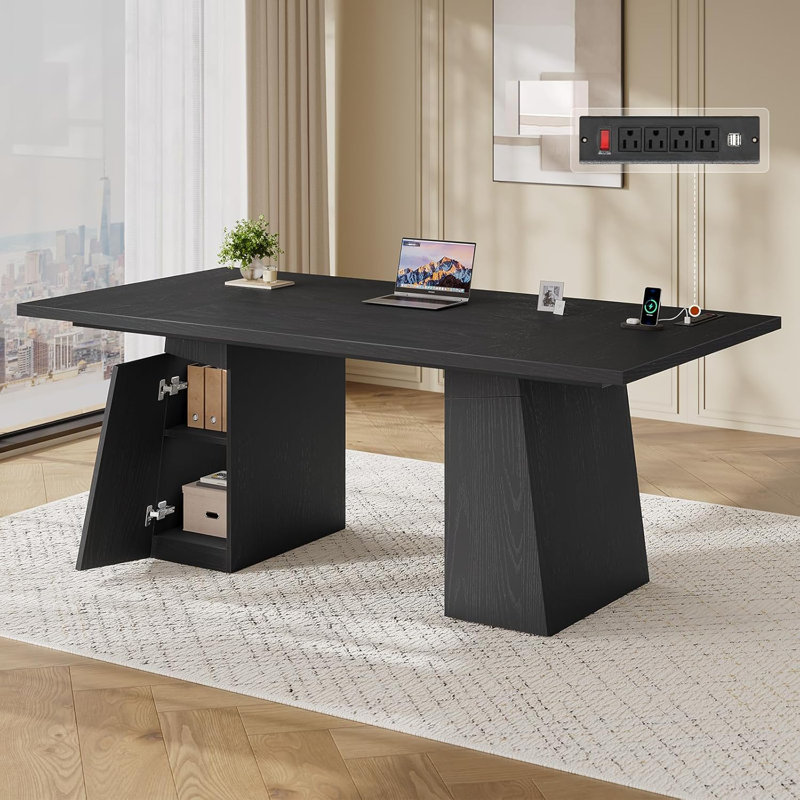 63" Executive Desk, Modern Home Office Desk With Power Outlets And Storage Cabinet, Conference Table, Black
