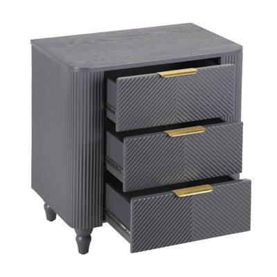 Emerson Fluted Wooden Nightstand With 3 Drawers & Gold Handles by George Oliver