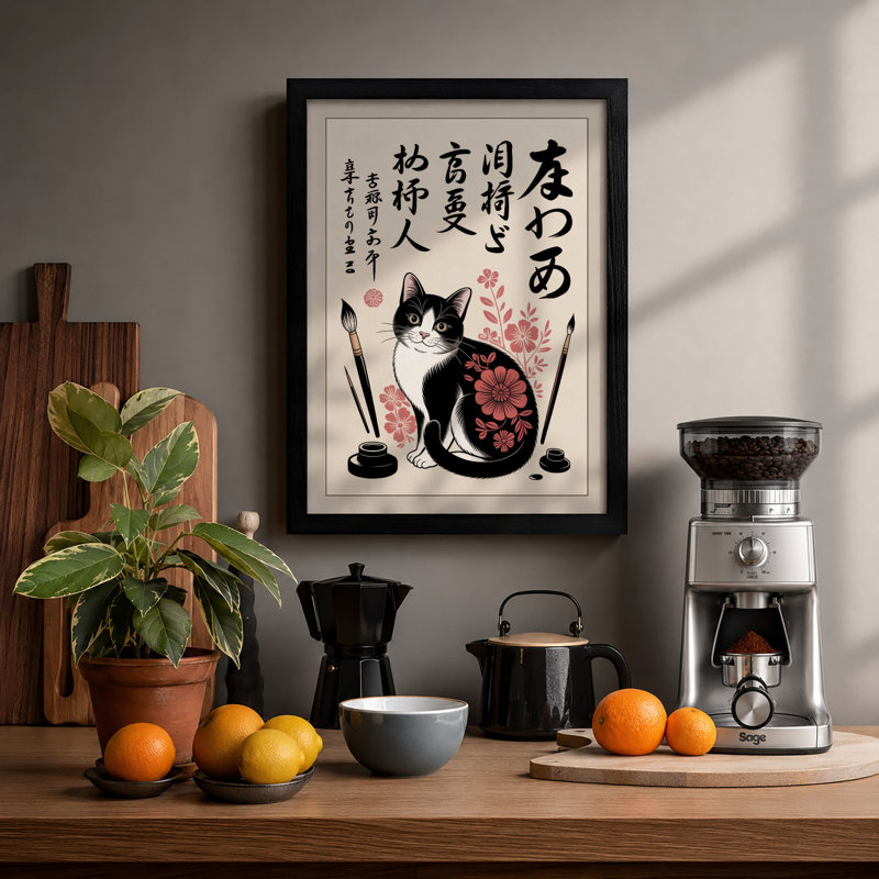 Cat Among Peonies Japandi - Framed Print, A4 - 29.7 x 21.0 cm, Black