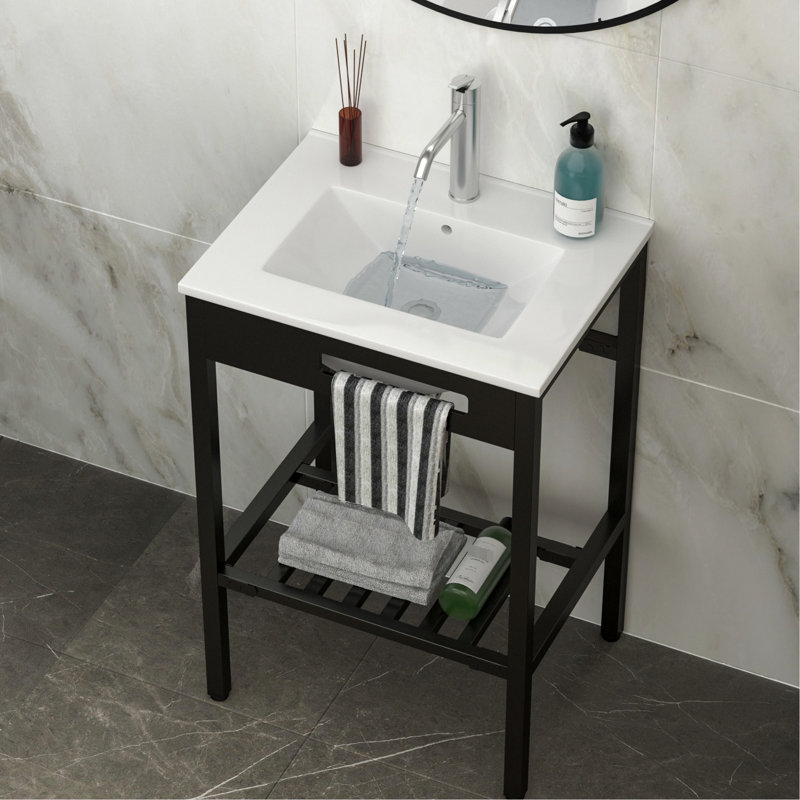 24" X 18" White And Black Bathroom Sink, Ceramic Console With Overflow, Porcelain, Easy Maintenance, Indoor/Outdoor Compatibility Use Overflow Support, Smooth Surface, Space - Saving Design, Good For