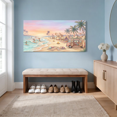 Beach Scene With Surfing And Camper Van Canvas Wrapped Wall Art Oil Painting Print Set Of 1